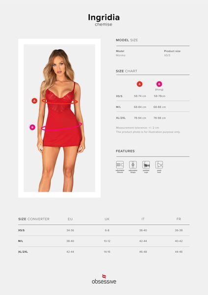 Пеньюар Obsessive Ingridia chemise & thong XL/2XL, красный, сорочка, стринги SO9038 фото