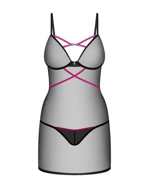 Пеньюар Obsessive Novenes chemise & thong, XL/2XL, облегающий, прозрачный, со стрепами, стринги в ко SX0621 фото
