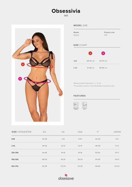 Полупрозрачный эротический комплект Obsessive Obsessivia 2pcs set black S/M, бюстгальтер и трусики, SO7297 фото