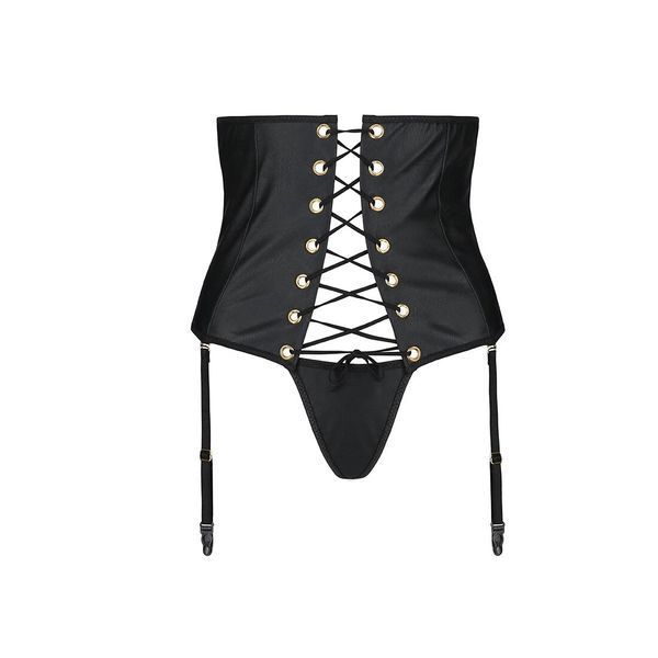 Пояс-корсет з екошкіри Passion CELINE SET XXL/XXXL, black шнурівка, знімні пажі для панчіх, стрінги SO6411 фото
