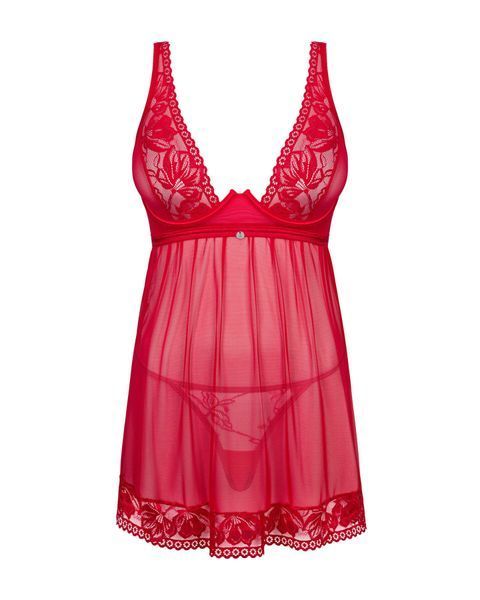 Прозора сорочка бебі-дол Obsessive Lacelove babydoll & thong M/L Red, мереживо, стрінги SO8647 фото