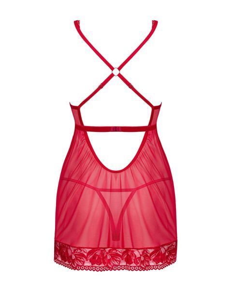 Прозора сорочка бебі-дол Obsessive Lacelove babydoll & thong XL/2XL Red, мереживо, стрінги SO8648 фото