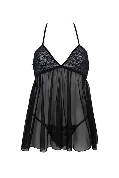Пеньюар Passion KERRIA CHEMISE black, XXL/XXXL, мереживний верх, трусики в комплекті SX0490 фото