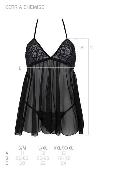 Пеньюар Passion KERRIA CHEMISE black, XXL/XXXL, мереживний верх, трусики в комплекті SX0490 фото