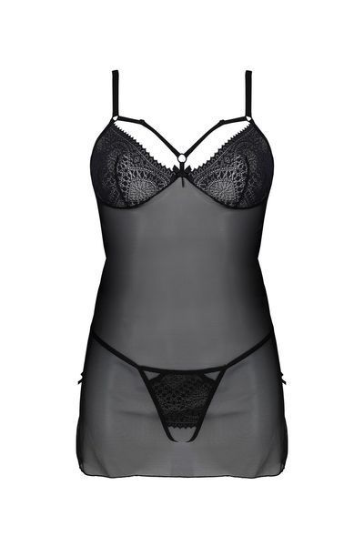 Пеньюар Passion DROSERA CHEMISE black, L/XL, кружевной лиф со стрепами, трусики в комплекте SX0473 фото