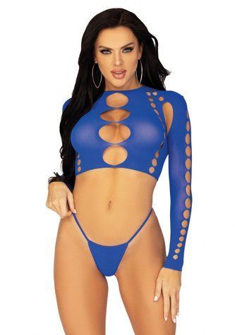Комплект Leg Avenue Long sleeve crop top & string Royal Blue One Size, топ, стрінги SO9099 фото