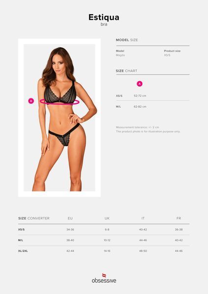 Кружевной бюстгальтер с треугольной чашкой Obsessive Estiqua bra XS/S, черный, широкие лямки SO7258 фото