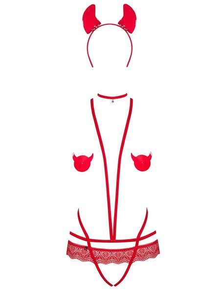 Эротический костюм чертика из стреп Obsessive Evilia teddy red S/M, боди, чокер, накладки на соски, SO7706 фото