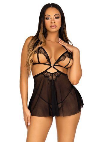 Сорочка бебі-дол з відкритими чашками Leg Avenue Lace and mesh babydoll & panty Black S, стрінги SO9163 фото