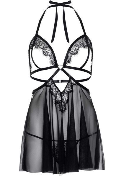 Сорочка беби-долл с открытыми чашками Leg Avenue Lace and mesh babydoll & panty Black S, стринги SO9163 фото