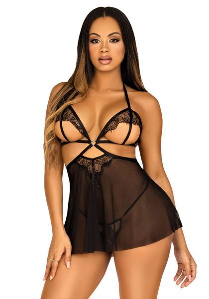 Сорочка беби-долл с открытыми чашками Leg Avenue Lace and mesh babydoll & panty Black S, стринги SO9163 фото