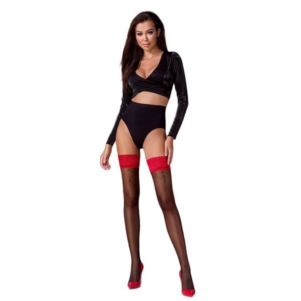 Чулки Passion ST120 1/2 black-red, на ажурной силиконовой резинке, с изысканным декором и люрекс SO5788 фото