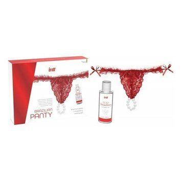 Набір Intt BRAZILIAN PANTY RED: трусики на зав&rsquo;язках S-XL з перлинним кільцем + полунична змазка SO7128 фото