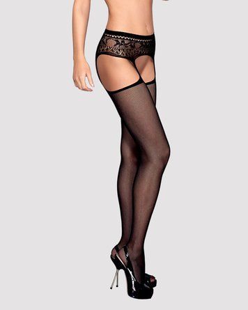 Сетчатые чулки-стокинги с кружевным поясом Obsessive Garter stockings S307 XL/XXL, черные, имитация SO7271 фото