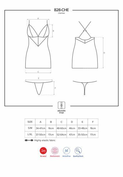Сатиновий комплект для сну з мереживом Obsessive 828-CHE-1 chemise & thong S/M, чорний, сорочка, стр SO7171 фото