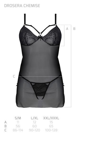 Пеньюар Passion DROSERA CHEMISE black, XXL/XXXL, мереживний ліф зі стрепами, трусики в комплекті SX0475 фото