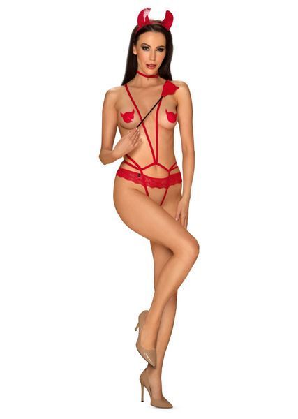Еротичний костюм чортика зі стреп Obsessive Evilia teddy red L/XL, боді, чокер, накладки на соски, о SO7707 фото