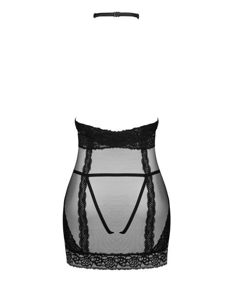 Полупрозрачная сорочка с открытой грудью Obsessive Lacrisia chemise XL/2XL, черная, с чокером SO7288 фото