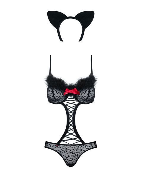 Еротичний костюм гепарду Obsessive Gepardina 3 pcs costume S/M, чорний, хутряне оздоблення, монокіні SO7276 фото