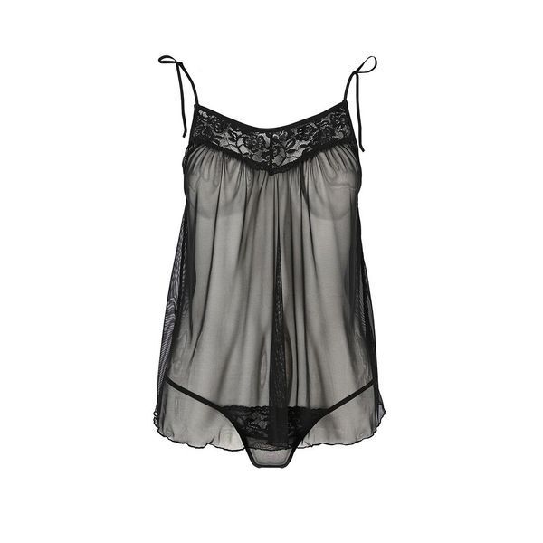 Сорочка прозрачная беби долл Passion MELANIA CHEMISE L/XL, black, трусики, на тонких бретелях EL16304 фото
