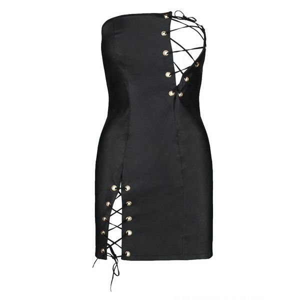 Мини-платье из экокожи Passion CELINE CHEMISE 6XL/7XL, black, шнуровка, трусики в комплекте SO7062 фото