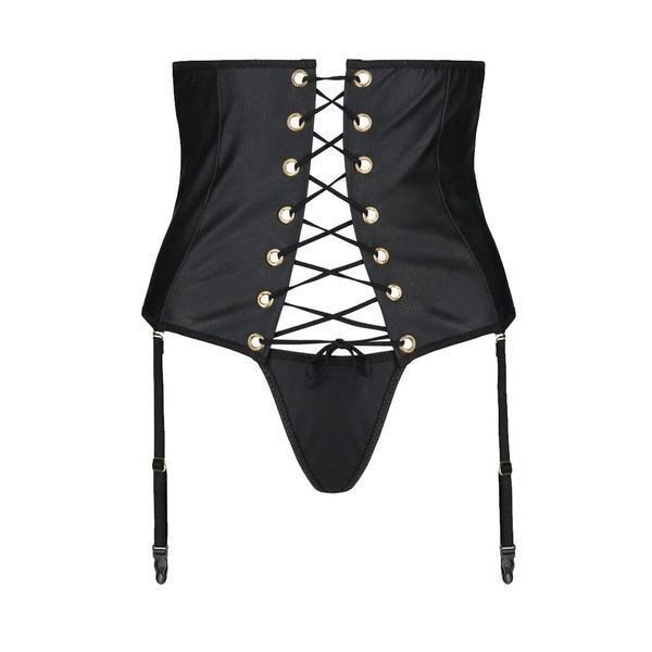 Пояс-корсет из экокожи Passion CELINE SET with Open Bra 6XL/7XL, black, шнуровка, пажи, стринги SO7064 фото