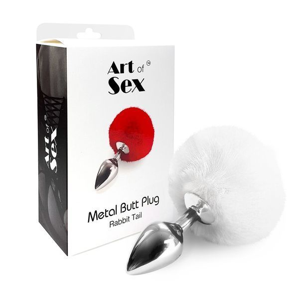 Металлическая анальная пробка М Art of Sex - Metal Butt plug Rabbit Tail, Белый SO6962 фото